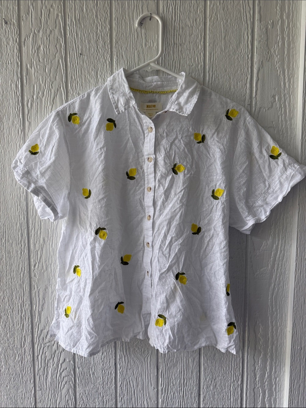 Maeve Anthropologie Lemon Embroidered Linen Surf Button-Up Shirt sz S